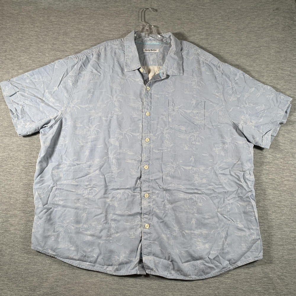 Tommy Bahama Shirt Mens Big 3X Blue Palm Tree Silk Short Sleeve Button Front